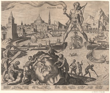 The Colossus of Rhodes (from the series The Eighth Wonders of the World) After Maarten van Heemskerck, 1572. Artist: Galle, Philipp (1537-1612)