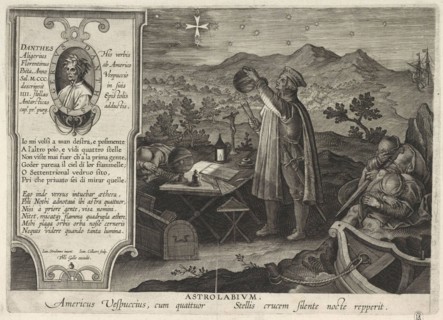 Amerigo Vespucci finding the Southern Cross constellation with an astrolabe (Americae Retectio), 1591. Artist: Galle, Philipp (1537-1612)