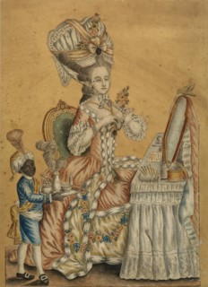 Lady at a Toilette with a black boy, 1770s. Artist: Anonymous