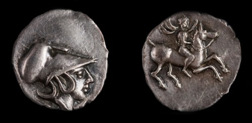 Emporiae coin. Obverse: Head of Athena with Corinthian helmet, 4th century BC. Artist: Numismatic, Ancient Coins
