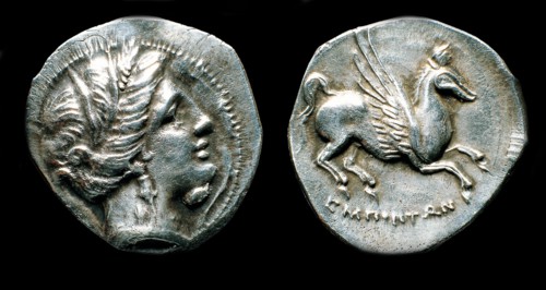 Drachma from Emporion. Obverse: Head of Persephone. Reverse: Pegasus, Third cent. BC. Artist: Numismatic, Ancient Coins