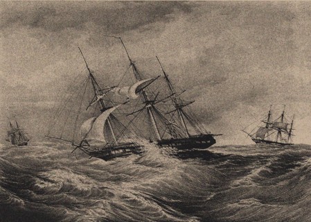 The frigate Kreiser and the sloop Ladoga at the coast of America 1823, 1900s-1910s. Artist: Anonymous