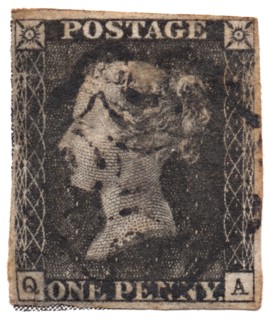 One Penny Black, the world's first postage stamp, c. 1840. Artist: Philately