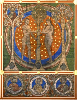 dam and Eve. Detail of the painted wooden ceiling of the St. Michael's Church, Hildesheim, ca 1230. Artist: Master of Lower Saxony (active ca. 1230)