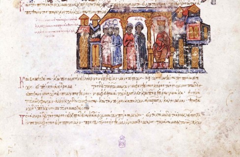 Grand Princess Olga visiting Constantine VII (Miniature from the Madrid Skylitzes), 11th-12th centur Artist: Anonymous
