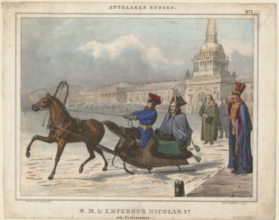 Nicholas I of Russia in a sleigh, 1850. Artist: Anonymous