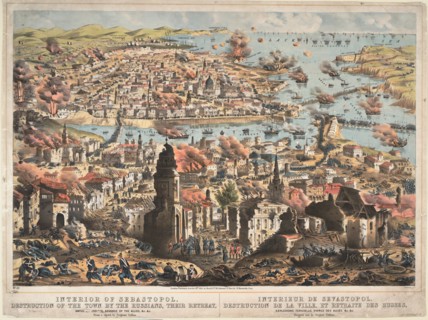 Interior of Sevastopol, destruction of the town by the Russians, their retreat, 1855. Artist: Unknown artillery officer