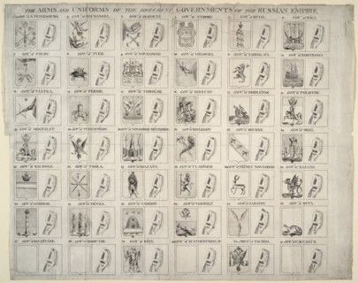 Arms and uniforms of the different Governorates of the Russian Empire, 1760. Artist: Anonymous