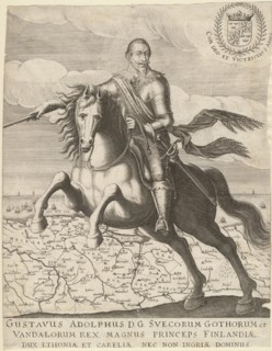 Gustavus Adolphus before the map of Pomerania in the background, 1630. Artist: Anonymous