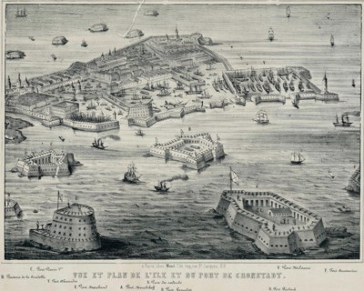 View and Plan of island and the port of Kronstadt, c. 1850. Artist: Anonymous