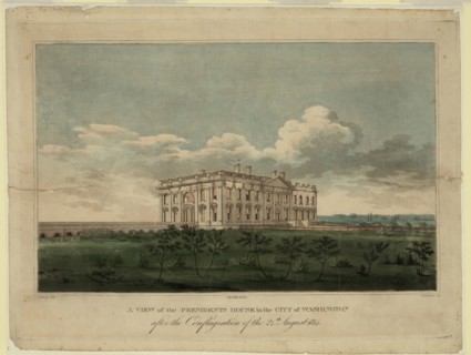 View of the White house in the city of Washington after the conflagration of the 24th August 1814, 1 Artist: Strickland, William (1787-1854)