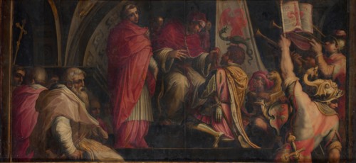 Pope Clement IV hands his insigna to the captains of the Guelph Party, 1563-1565. Artist: Vasari, Giorgio (1511-1574)