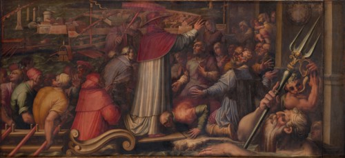 Pope Eugene IV disembarks at Leghorn to take refuge in Florence, 1563-1565. Artist: Vasari, Giorgio (1511-1574)