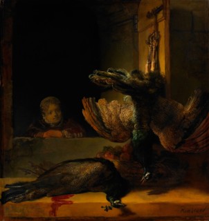 Still life with two Peacocks and a Girl, ca 1639. Artist: Rembrandt van Rhijn (1606-1669)