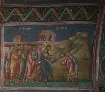 Jesus healing two blind men, 14th century. Artist: Anonymous