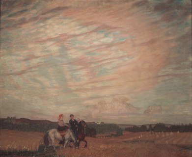 Self-portrait with the wife on horseback, 1915. Artist: Kustodiev, Boris Michaylovich (1878-1927)