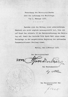 Decree from Hindenburg ordering dissolution of the Reichstag from 1 February 1933 Artist: Historical Document