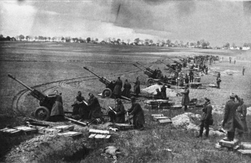 Soviet artillery at the Seelow Heights, April 1945 Artist: Anonymous