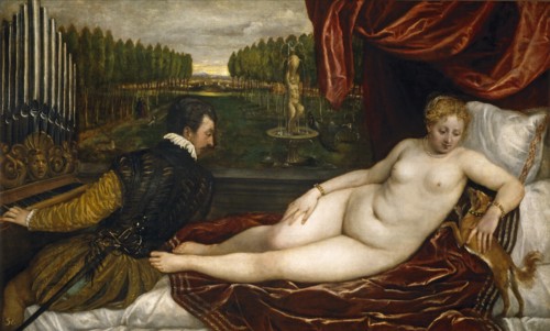 Venus, an Organist and a Little Dog. Artist: Titian (1488-1576)