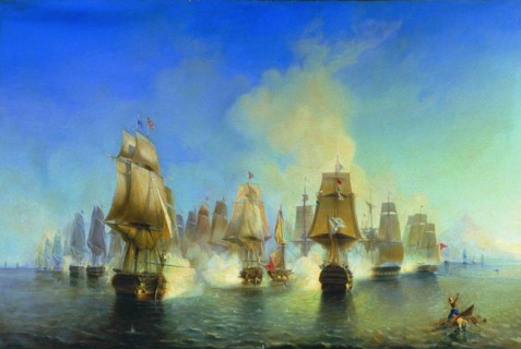 The naval Battle of Athos. Artist: Bogolyubov, Alexei Petrovich (1824-1896)