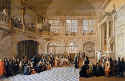 Louis XIV receiving the oath of the Marquis De Dangeau, Grand Master of the Order of Saint Lazare in Artist: Pezey, Antoine (active 1695-1710)