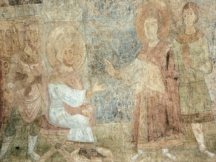Saint George before the Emperor Diokletian. Artist: Ancient Russian frescos