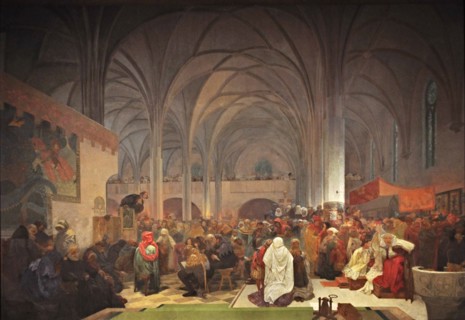 Master Jan Hus Preaching at the Bethlehem Chapel (The cycle The Slav Epic). Artist: Mucha, Alfons Marie (1860-1939)