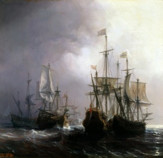 Capture of three Dutch Commercial Vessels by the French Ships Fidèle, Mutine and Jupiter, in 1711. Artist: Gudin, Théodore (1802-1880)