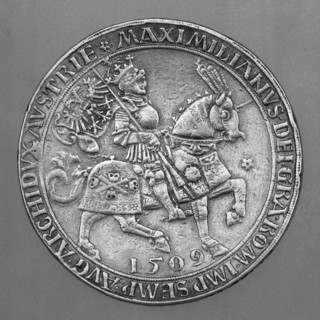 Emperor Maximilian I on Horseback. Thaler Coin from Hall. Artist: Ursentaler, Ulrich, the Elder (active 1508-1535)