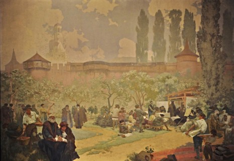 The Printing of the Bible of Kralice in Ivancice (The cycle The Slav Epic). Artist: Mucha, Alfons Marie (1860-1939)