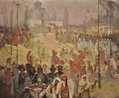 The Coronation of the Serbian Tsar Stefan Dusan as East Roman Emperor (The cycle The Slav Epic). Artist: Mucha, Alfons Marie (1860-1939)