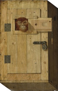 Trompe l'oeil with a monkey in a wooden box. Artist: Trajtler, Jòsef (active Mid of 19th cen.)