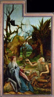 The Isenheim Altarpiece. Left wing: Meeting of Saint Anthony and Saint Paul the Anchorite in the Des Artist: Grünewald, Matthias (ca 1470-1528)