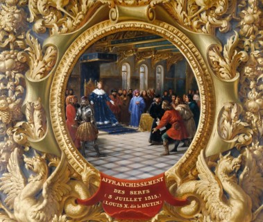 Louis X the Mischievous emancipates the serfs in 1315. Artist: Alaux, Jean (1786-1864)