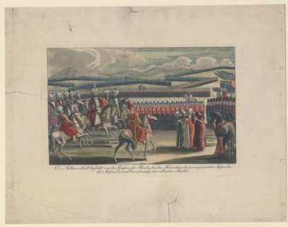 Selim III, Sultan of the Turks, welcomed to his new infantry review in countryside. Artist: Anonymous