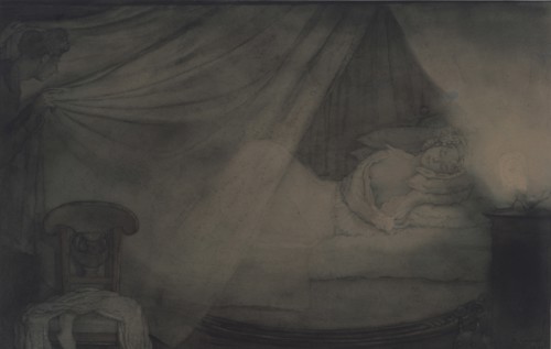 In the bed-room. Illustration for the poem Count Nulin by A. Pushkin. Artist: Somov, Konstantin Andreyevich (1869-1939)