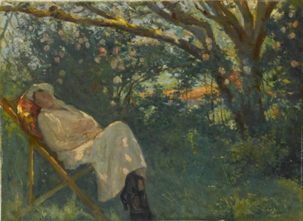 Lady in Pink on a Chaise Longue. Artist: Güran, Nazmi Ziya (1881-1937)