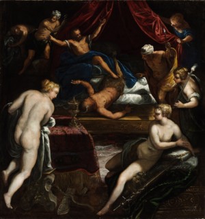 Hercules Expelling the Faun from Omphale's Bed. Artist: Tintoretto, Jacopo (1518-1594)