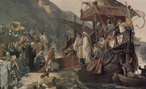 Emperor Frederick II receives at Stolzenfels his bride Isabella. Artist: Zick, Alexander (1845-1907)