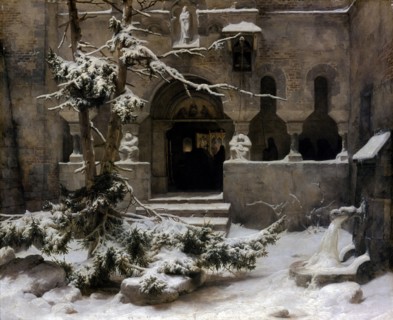 Monastery Garden in Snow. Artist: Lessing, Carl Friedrich (1808-1880)