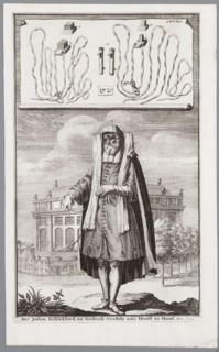 Jewish man, dressed for prayer. On the background the Portuguese Synagogue of Amsterdam. Artist: Luyken, Jan (Johannes) (1649-1712)