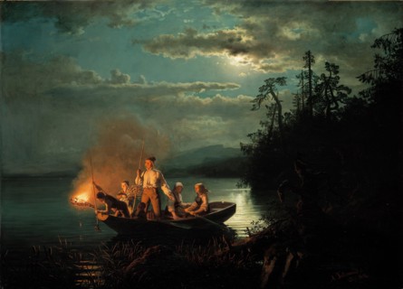 Night spear fishing on the Krøderen Lake. Artist: Gude, Hans (1825-1903)