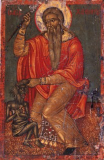 Saint Charalambos with Devil. Artist: Greek icon