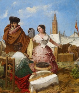 Courting at a Ring-Shaped Pastry Stall at the Seville Fair. Artist: Benjumea, Rafael (c. 1825-c. 1887)