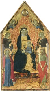 The Virgin and Child enthroned between four Angels and Saints. Artist: Bulgarini, Bartolomeo (ca. 1300/10-1378)