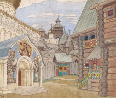 Russian Village. Stage design for the opera The Tale of Tsar Saltan by N. Rimsky-Korsakov. Artist: Bilibin, Ivan Yakovlevich (1876-1942)