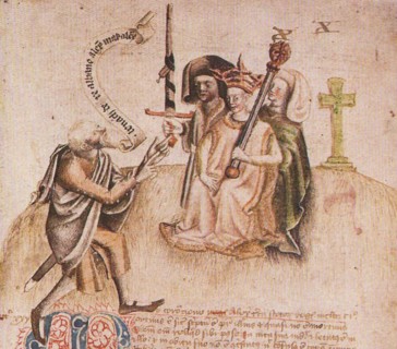 Coronation of King Alexander III on Moot Hill, Scone. From manuscript of the Scotichronicon by Walte Artist: Anonymous