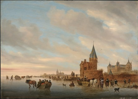 Winter Landscape with Ice pleasures in front of a Capriccio of the city of Arnheim, 1652. Artist: Ruisdael, Salomon Jacobsz, van (1600/3-1670)