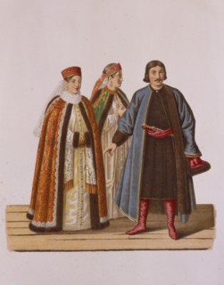 Clothing of the unmarried Boyar's daughters at the Time of Peter I (From the series Clothing of the  Artist: Solntsev, Fyodor Grigoryevich (1801-1892)