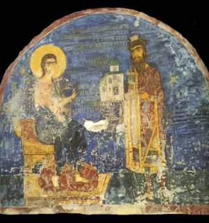 Grand Prince Yaroslav II Vsevolodovich with model of the Nereditsa Church before Christ, 12th centur Artist: Ancient Russian frescos